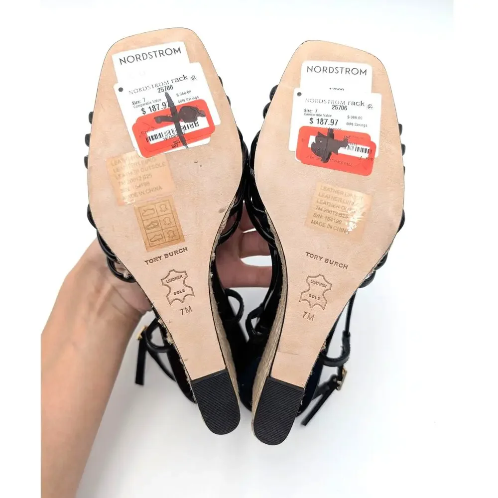 Tory Burch Multi-Strap Wedge Sandals Buckle Women's Black Size US7M EU37.5
